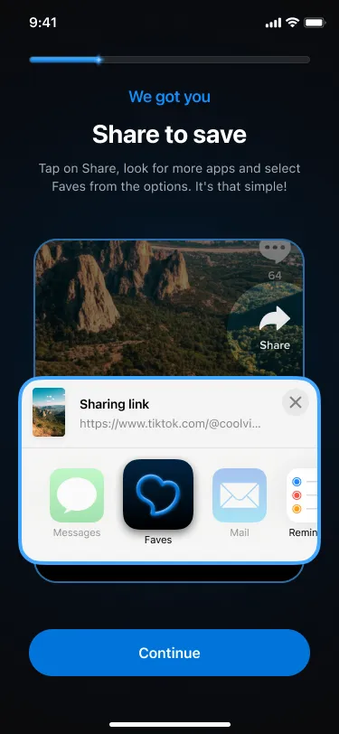 Faves onboarding screen explaining how to save with Share
